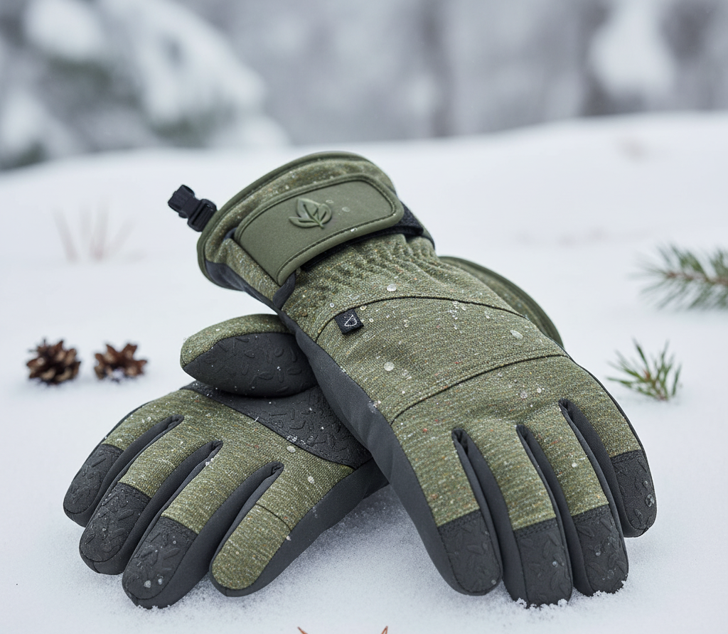 Pair of eco-friendly ski gloves made from recycled materials