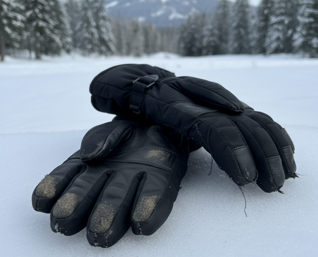 How Often Should You Replace Ski Gloves? worn ski gloves with frayed seams and damaged fingertips on snow