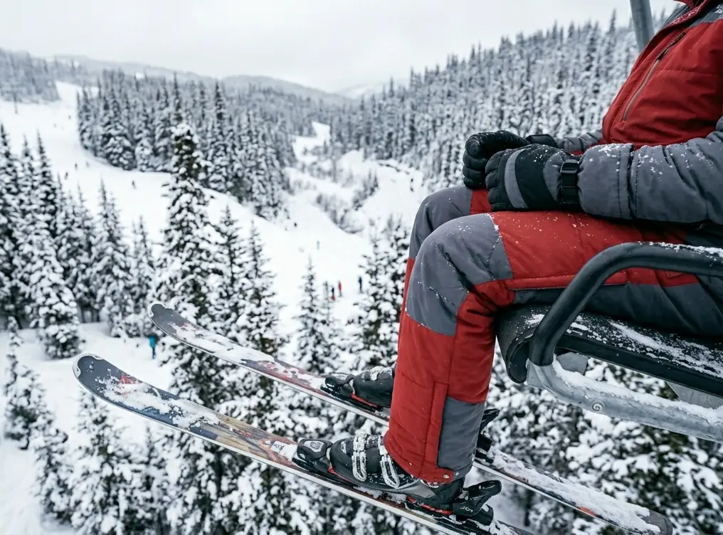 A skier sitting on a cold chairlift relying on insulated ski gloves for passive warmth