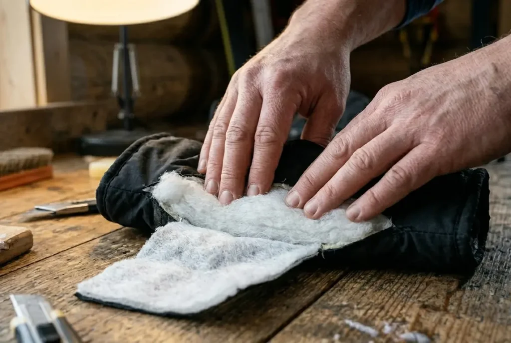  Pressing down on cheap hollow-fiber ski glove insulation to show how it permanently flattens