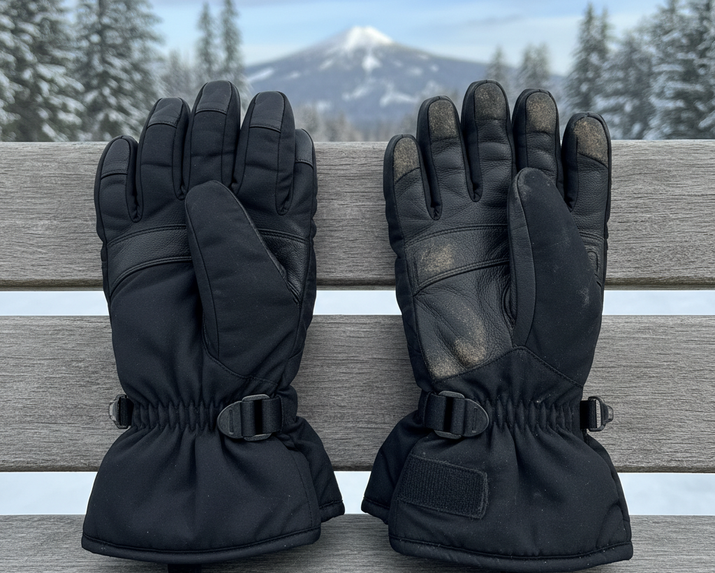 How Often Should You Replace Ski Gloves? comparison of new and old ski gloves showing wear after several seasons
