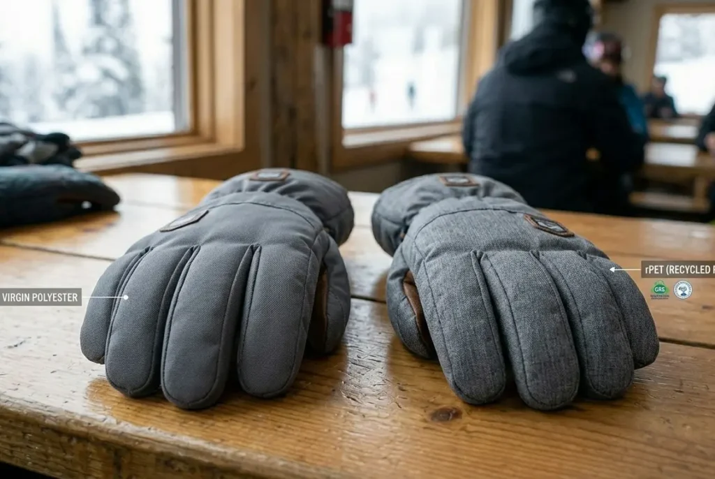 Comparing the shell texture of a recycled polyester ski glove next to a virgin polyester glove