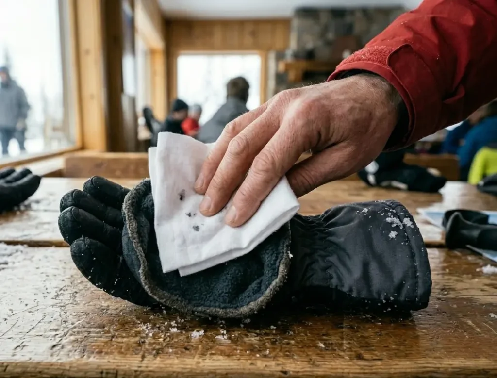 Performing a press test with a dry cloth to check for moisture inside a ski glove