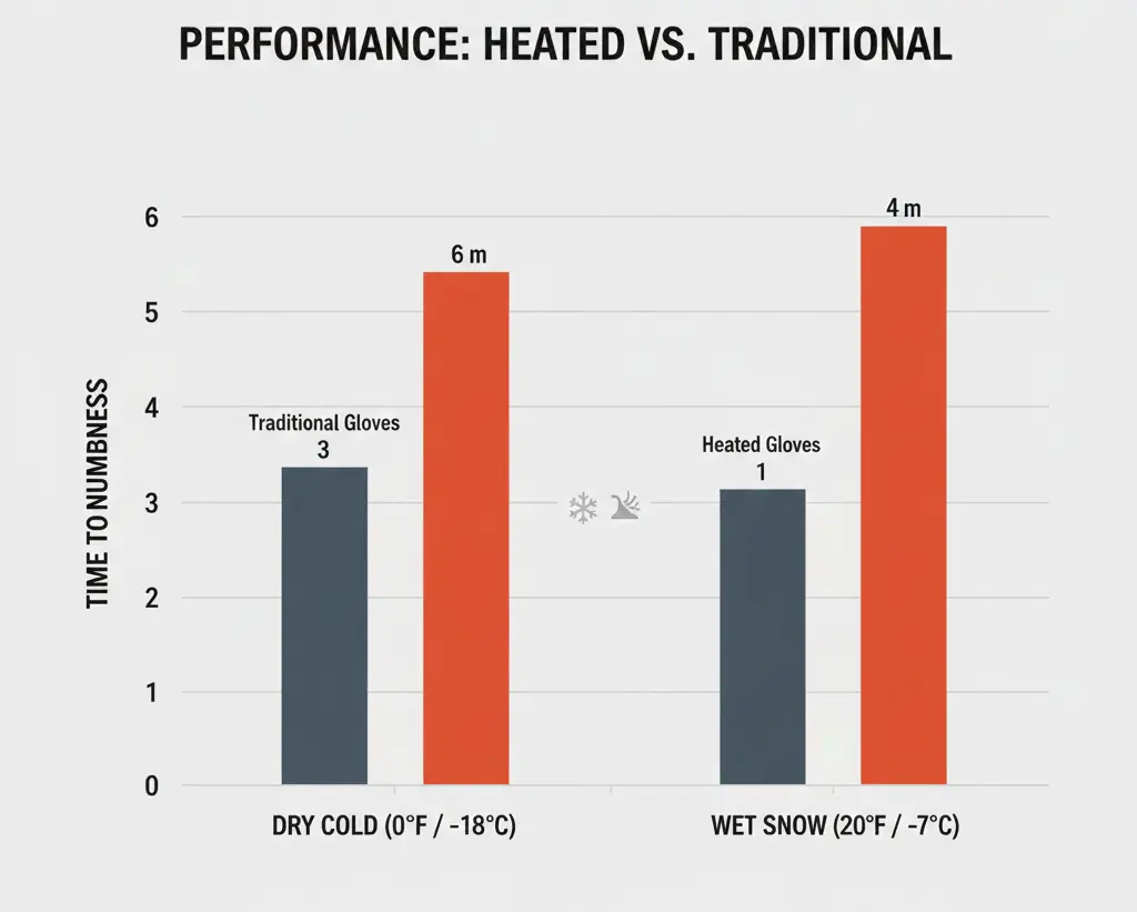 Comparison chart showing heated gloves lasting 3 hours longer than traditional gloves in wet snow conditions
