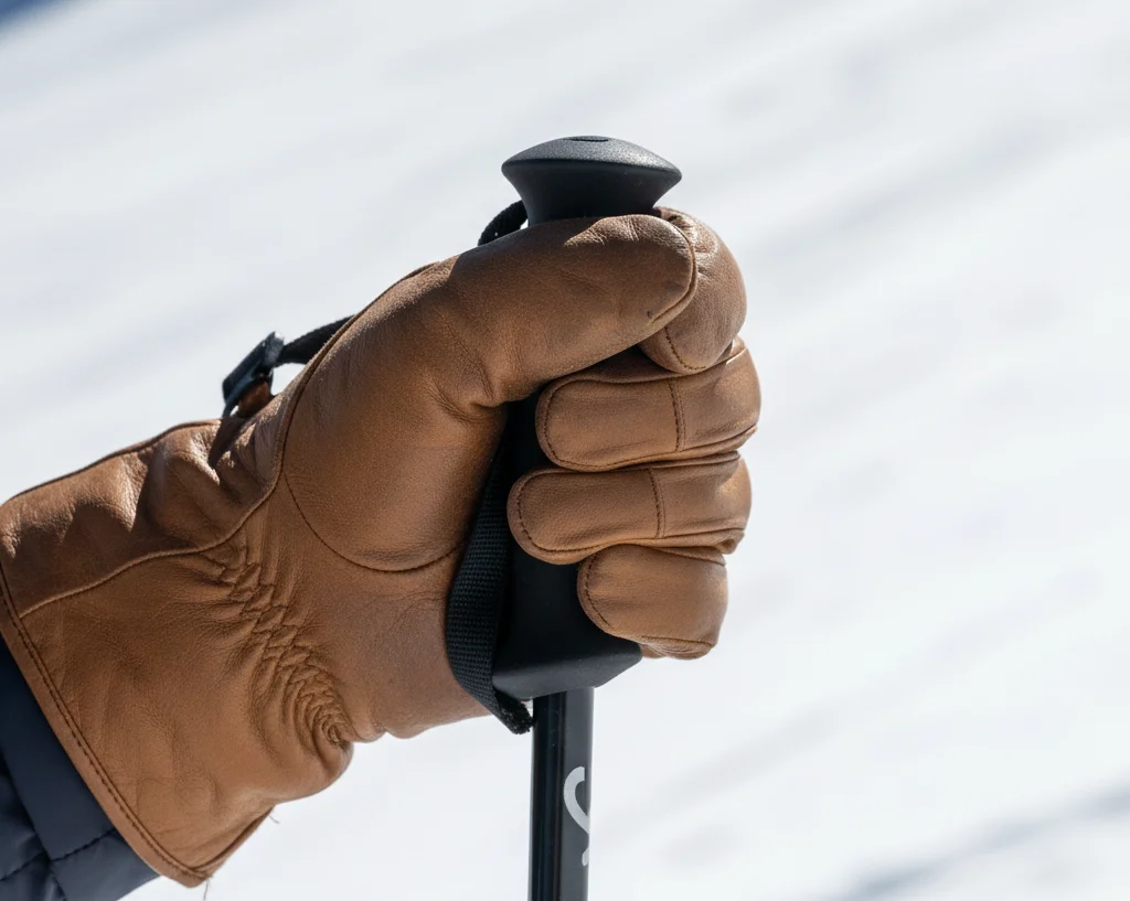 A real-world test photo of a ski glove gripping a pole to check for palm bunching and muscle strain