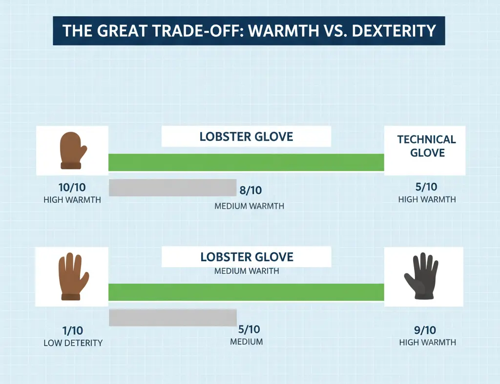 Chart showing the trade-off between dexterity and warmth for different ski handwear types