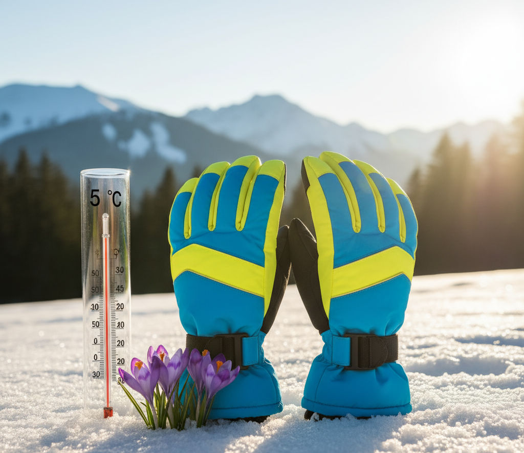 Bright blue ski gloves for +5°C warm ski days with sunlight and spring snow