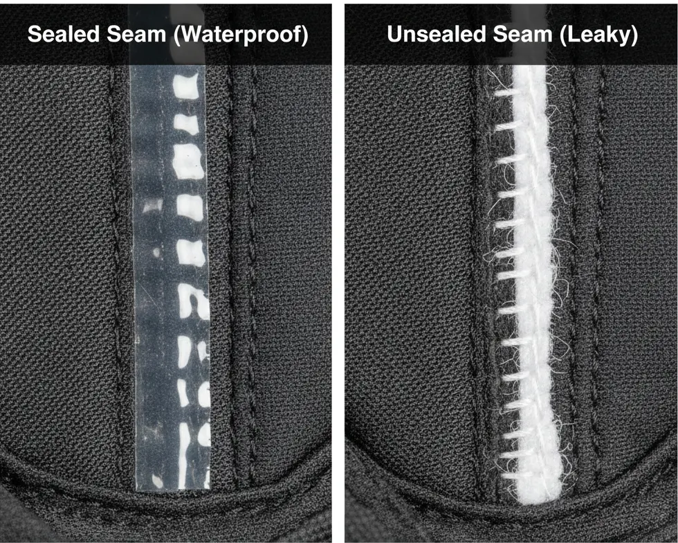 Side-by-side comparison of a high-quality taped seam vs an unsealed leaky seam inside a ski glove