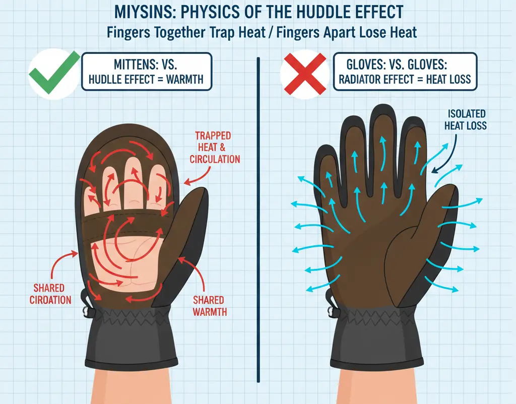 Thermodynamics diagram comparing heat retention in mittens vs ski gloves