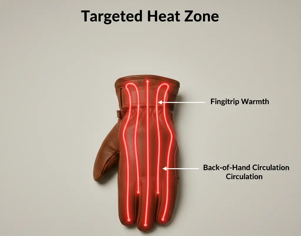 Diagram showing internal heating element placement in ski gloves, focusing on fingertips and circulation points