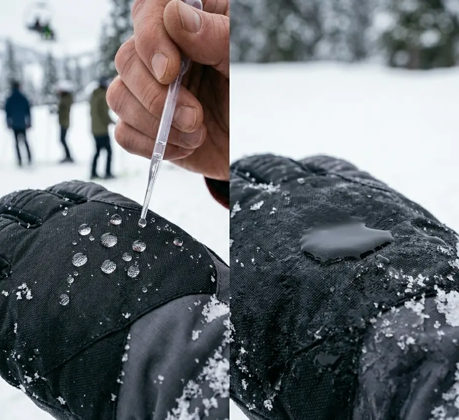 Comparing intact DWR water beading versus a saturated ski glove shell