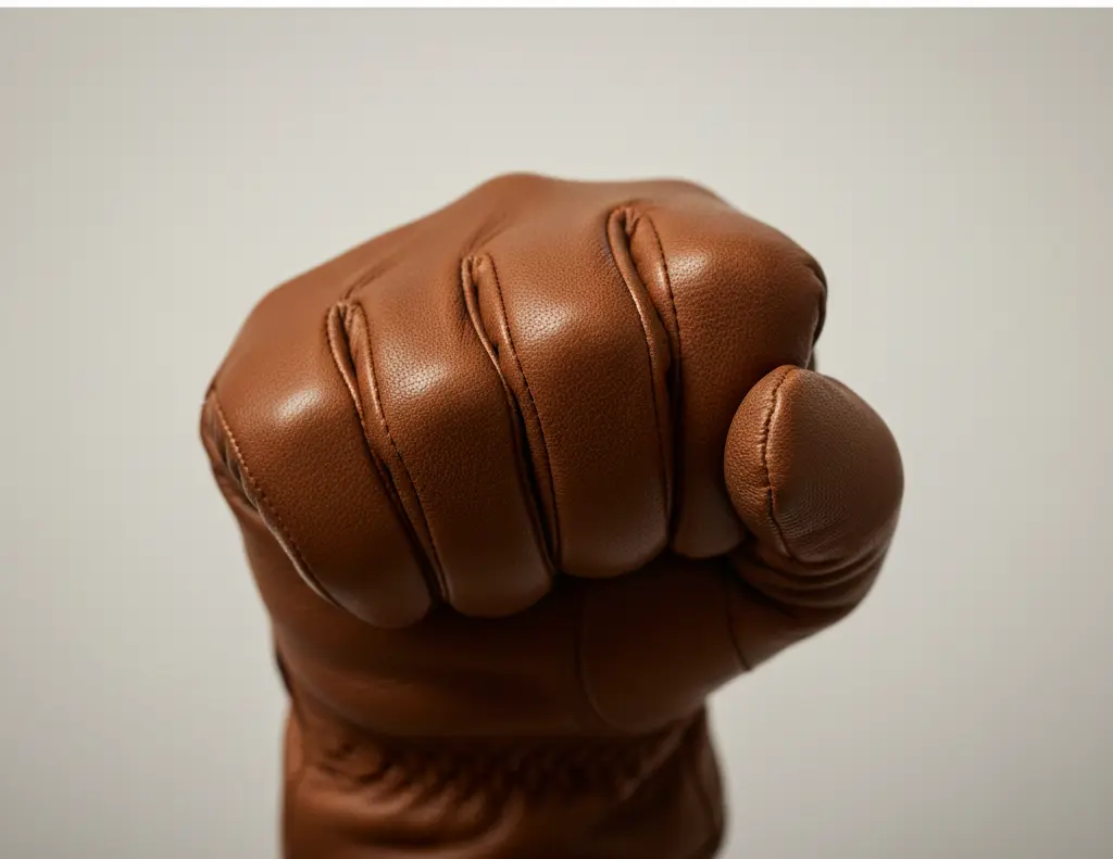 A close-up photo showing how to test if a ski glove is too tight by making a fist and checking for knuckle pressure
