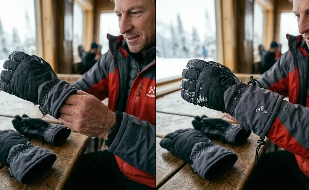 Comparing an exposed wrist gap to a properly sealed gauntlet ski gloves