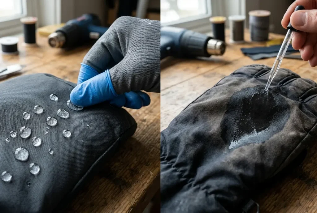 Comparing fresh water repellent coating against a saturated budget ski glove shell that has lost its waterproofing