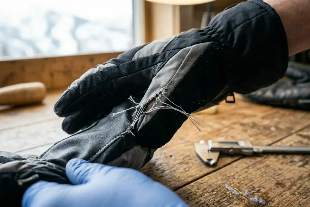 Performing a thumb flex test to reveal weak single-stitch seams on a budget ski glove