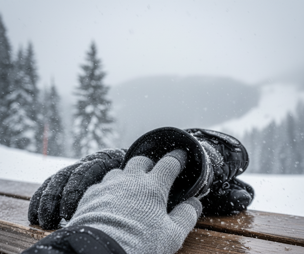 Merino wool glove liners inside ski gloves