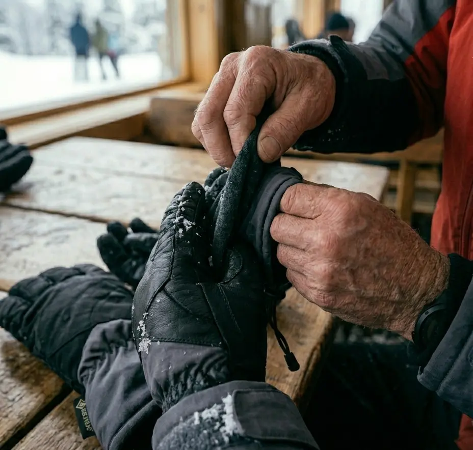 Pinching a leather ski glove in sub-zero temperatures to demonstrate cold stiffening