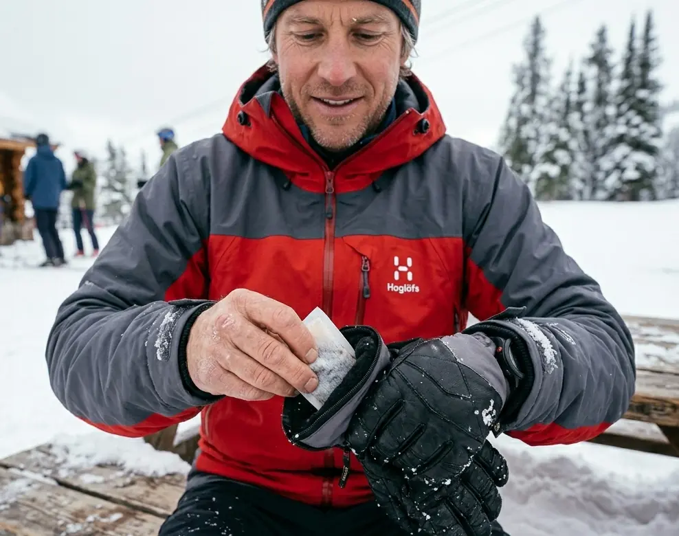 A skier is checking how to keep hands warm when skiing