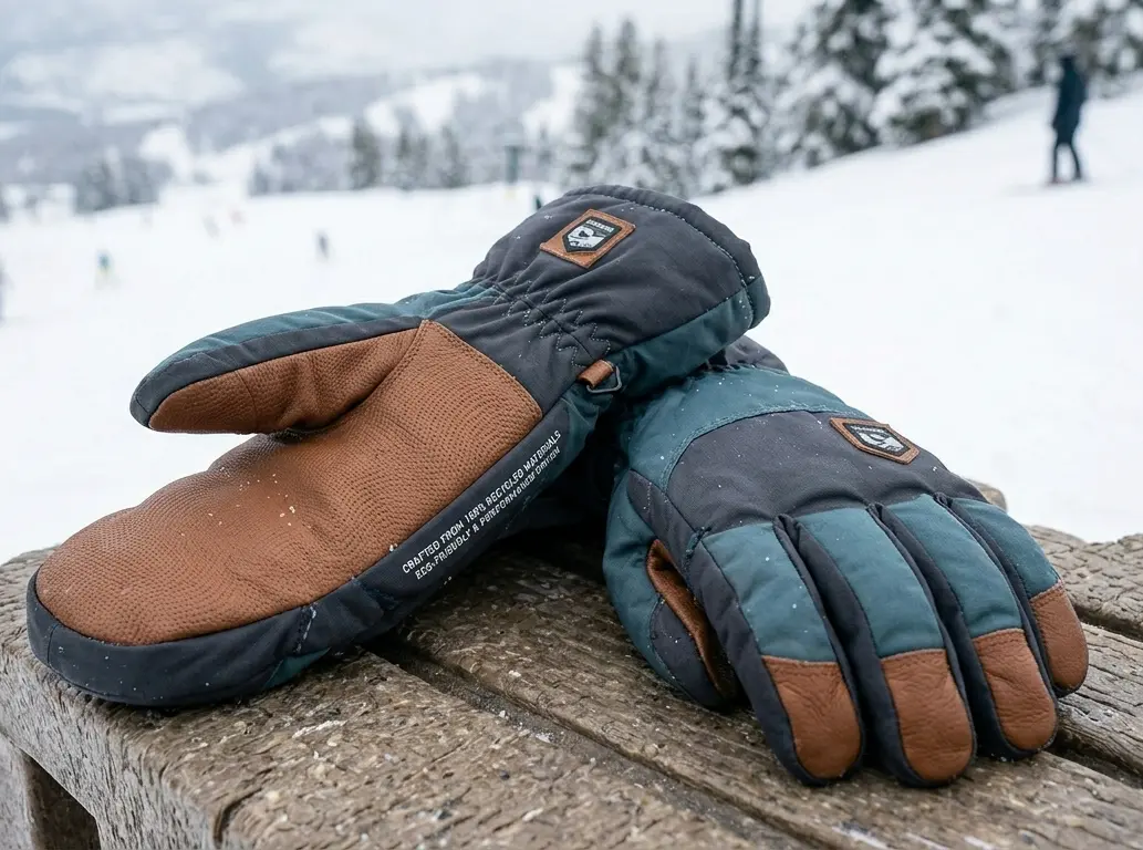 Pair of eco-friendly ski gloves made from recycled materials