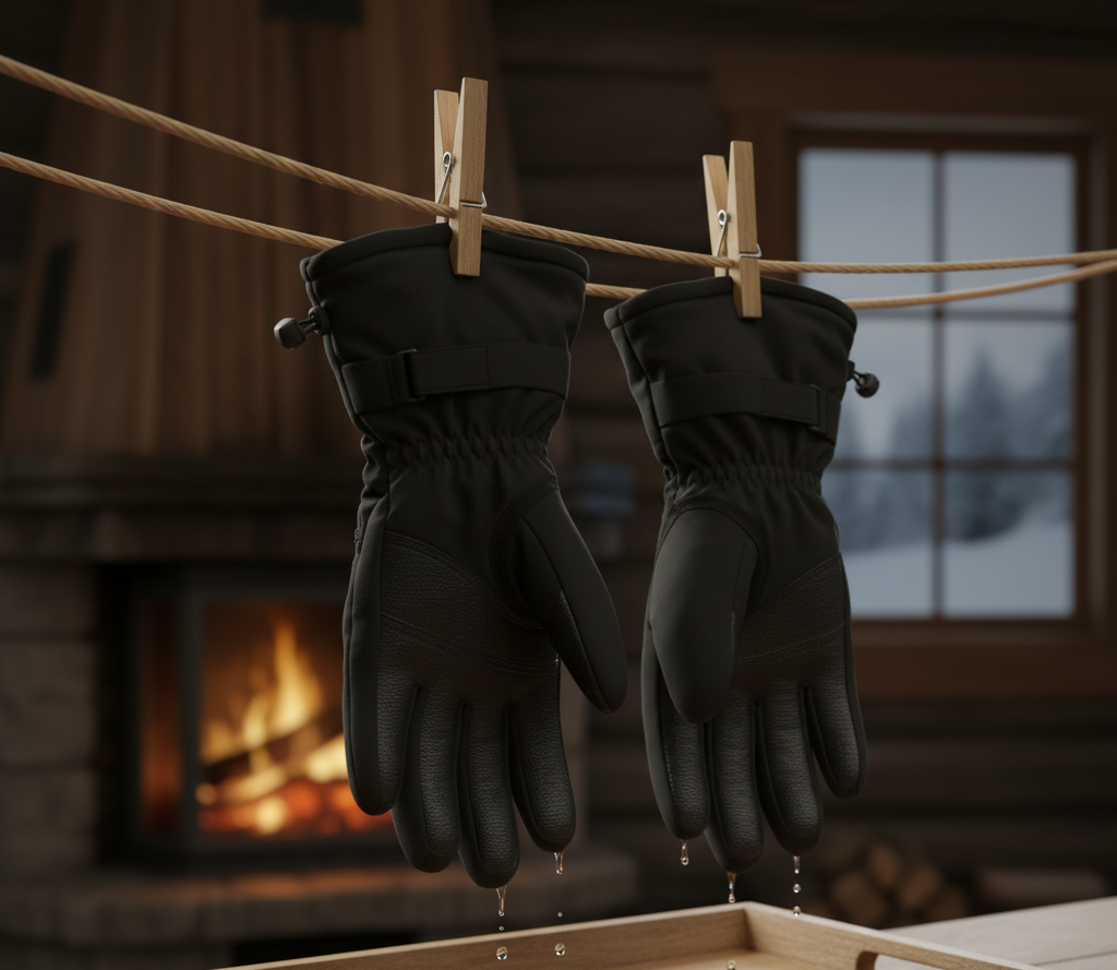 Ski gloves hanging to air dry after a ski trip