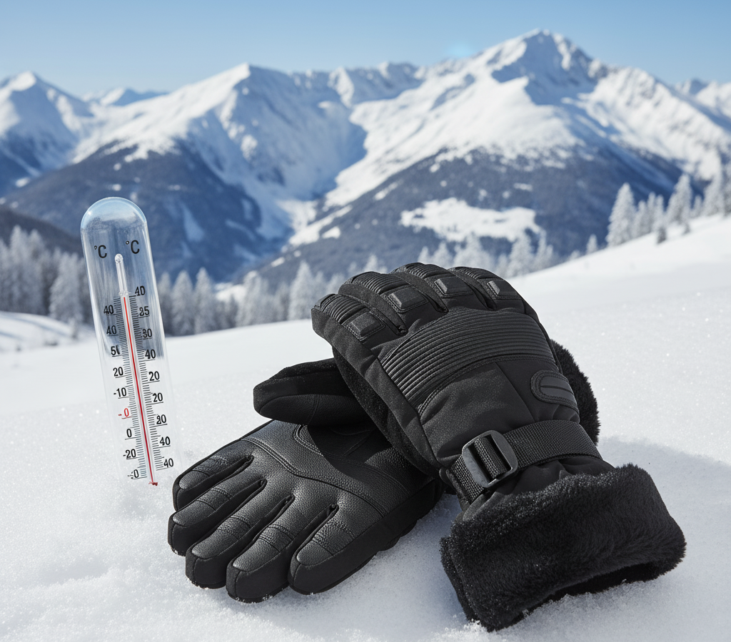 Black insulated ski gloves rated for -20°C resting on snow in mountain background