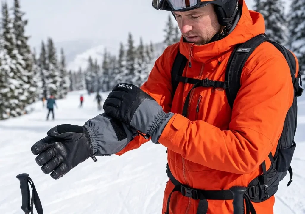 Skier adjusting a gauntlet cuff over a jacket sleeve to demonstrate how to boost ski glove performance on the mountain