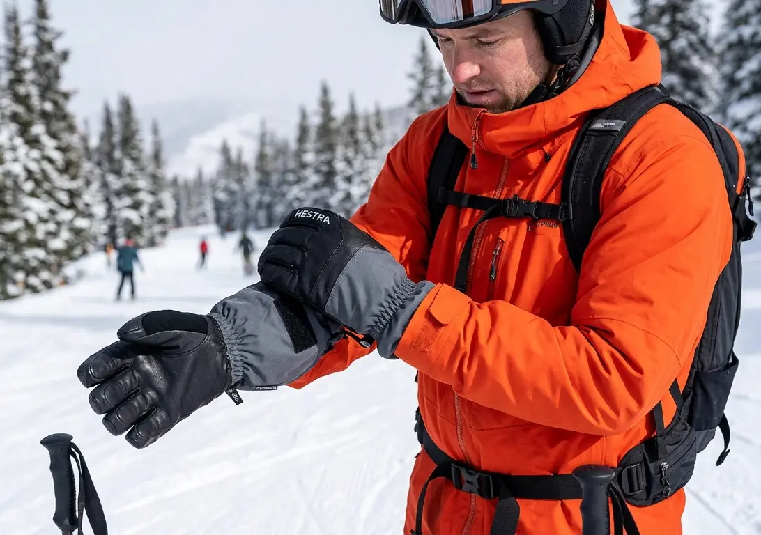 Skier adjusting a gauntlet cuff over a jacket sleeve to demonstrate how to boost ski glove performance on the mountain