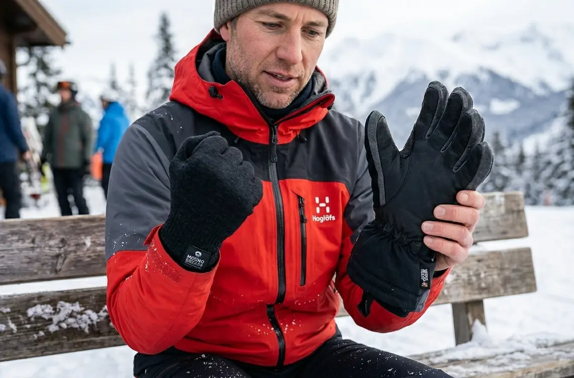 A skier holding both breathable vs insulated ski gloves during a mountain test