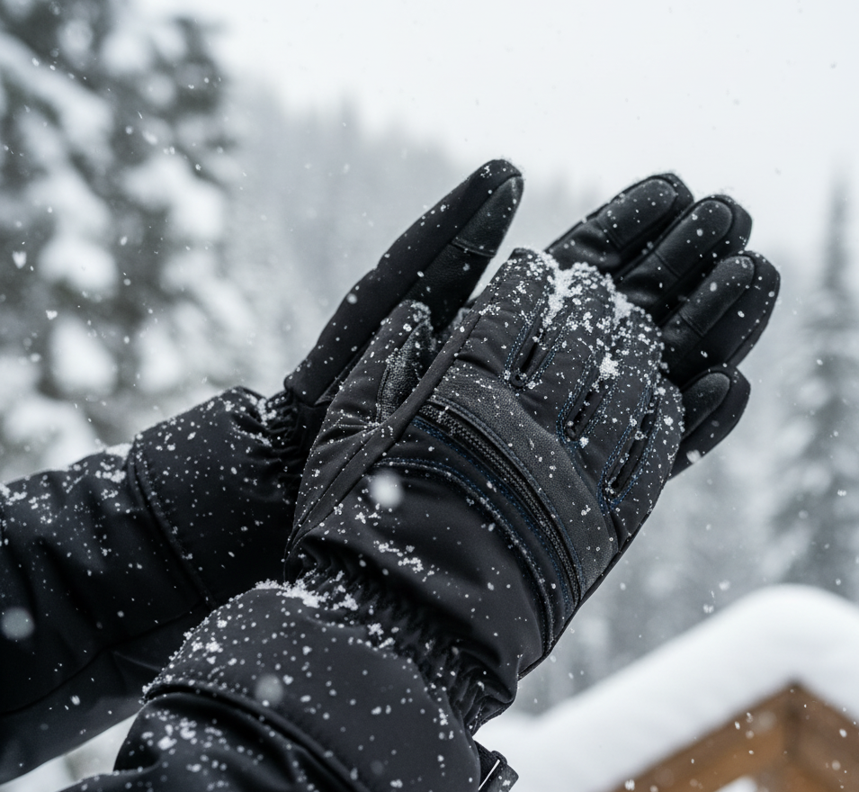 Ski Gloves vs Snowboard Gloves — Which Should You Choose? “Close-up of ski glove materials including leather, Gore-Tex, and insulation layers”