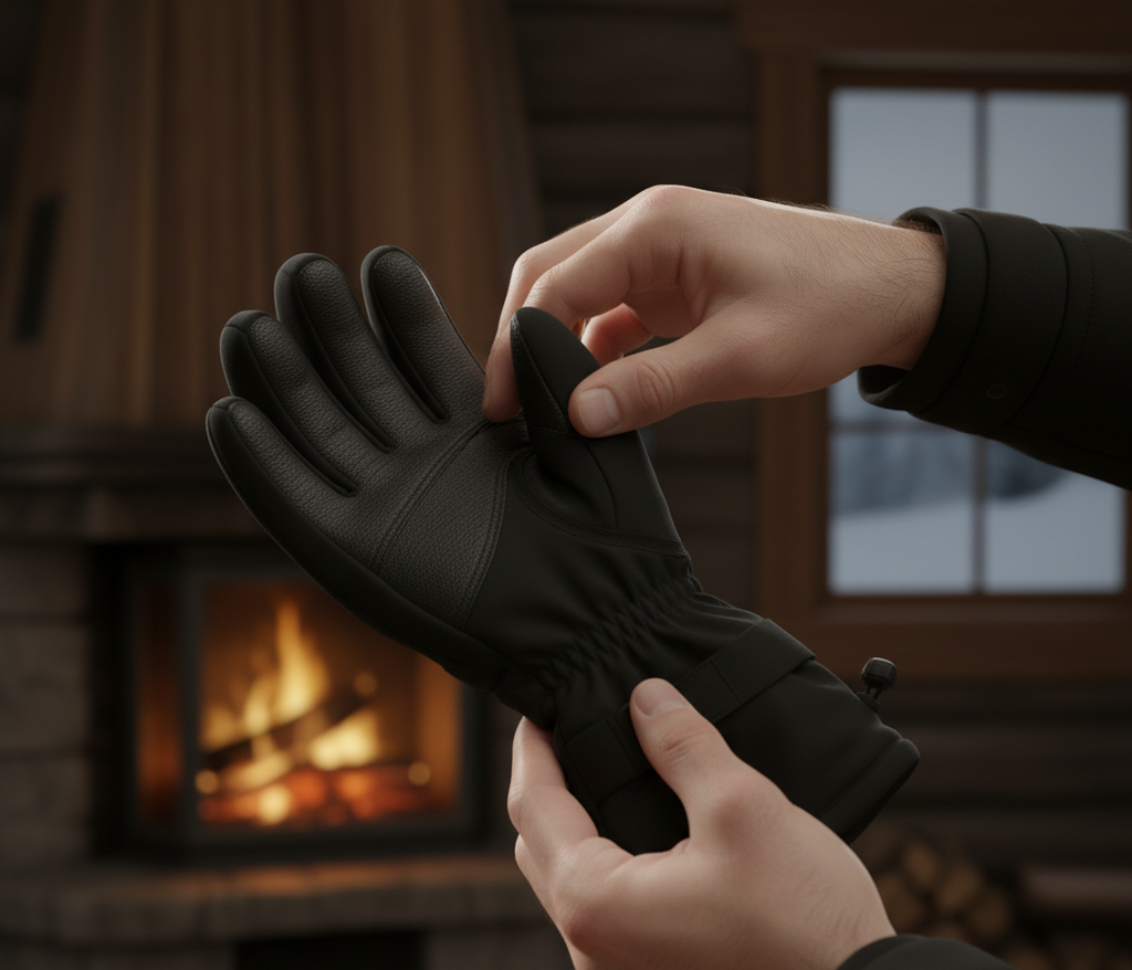 Inspecting seams and leather panels on ski gloves for damage