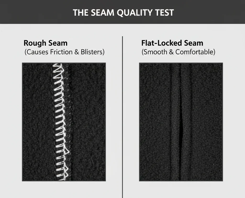 Side-by-side comparison of a rough internal glove seam that causes blisters vs. a smooth high-quality liner seam