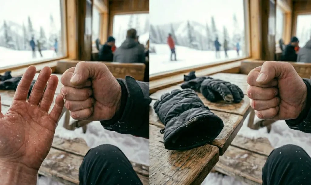  Removing a sweaty bare hand from an over-insulated ski glove to show moisture accumulation