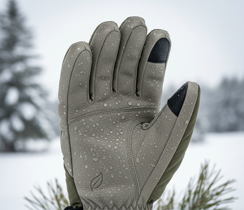 Recycled leather palm on eco-friendly ski gloves