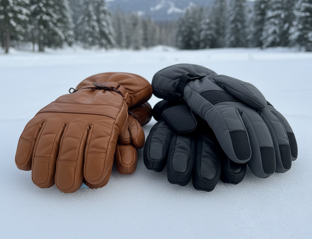 How Often Should You Replace Ski Gloves? leather vs synthetic ski gloves side by side on snowy background