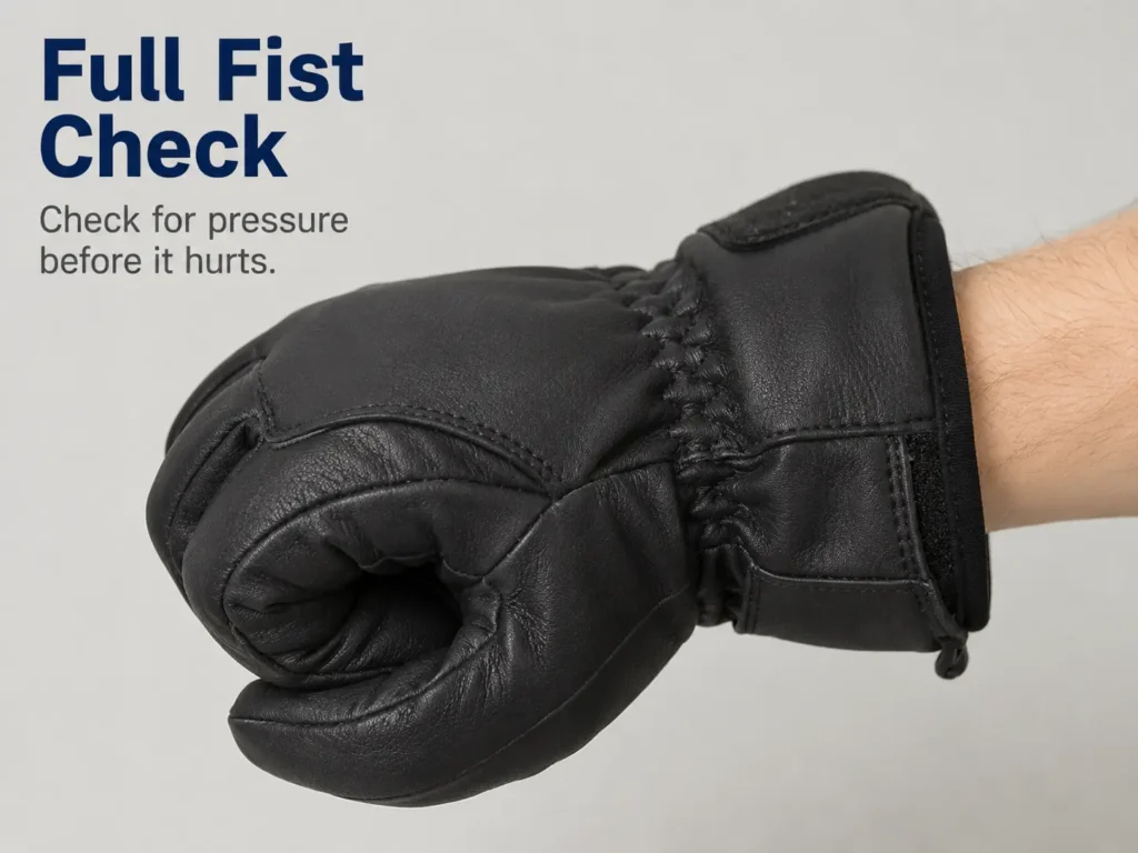 Checking full fist movement inside a ski glove to test for blister-prone pressure points
