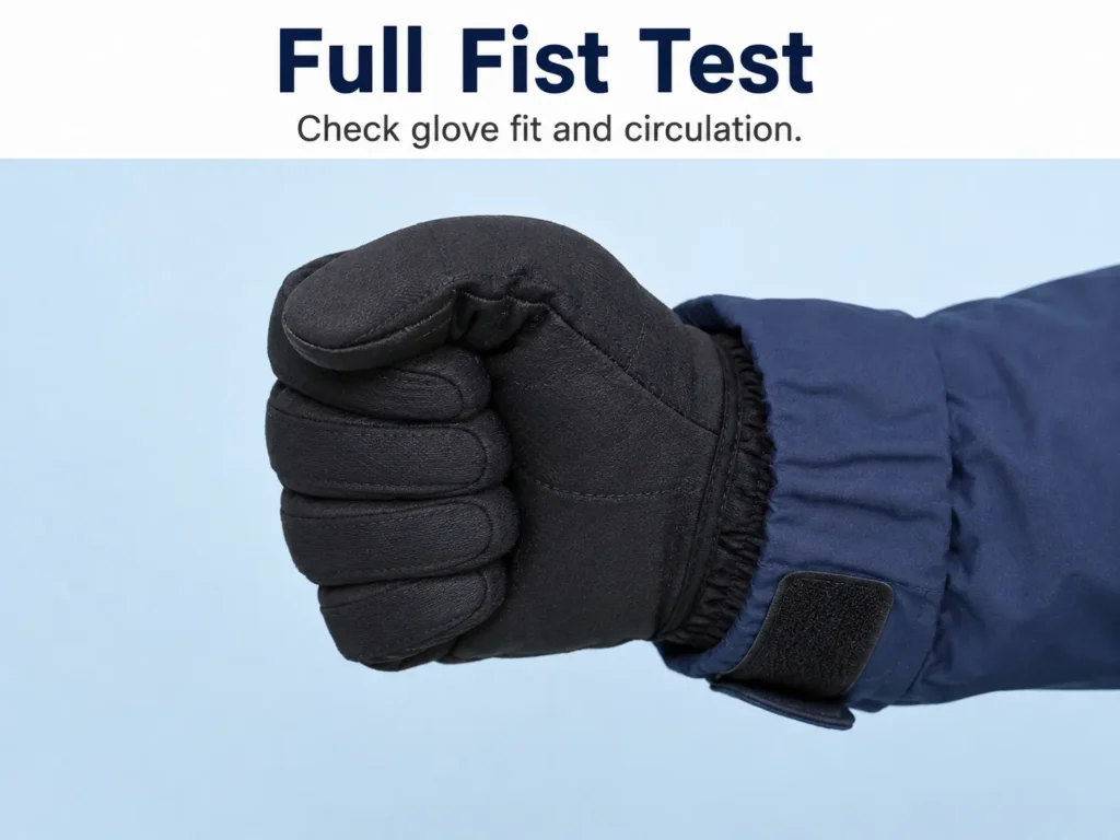 Checking full fist movement inside a ski glove to test circulation