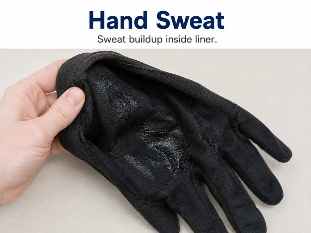 Sweat buildup inside a ski glove liner after a half day of skiing