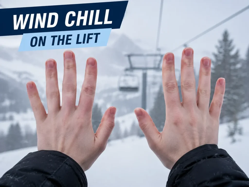 Hands exposed to wind chill on a ski lift