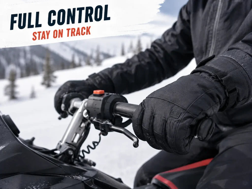 Ski gloves gripping snowmobile handlebars