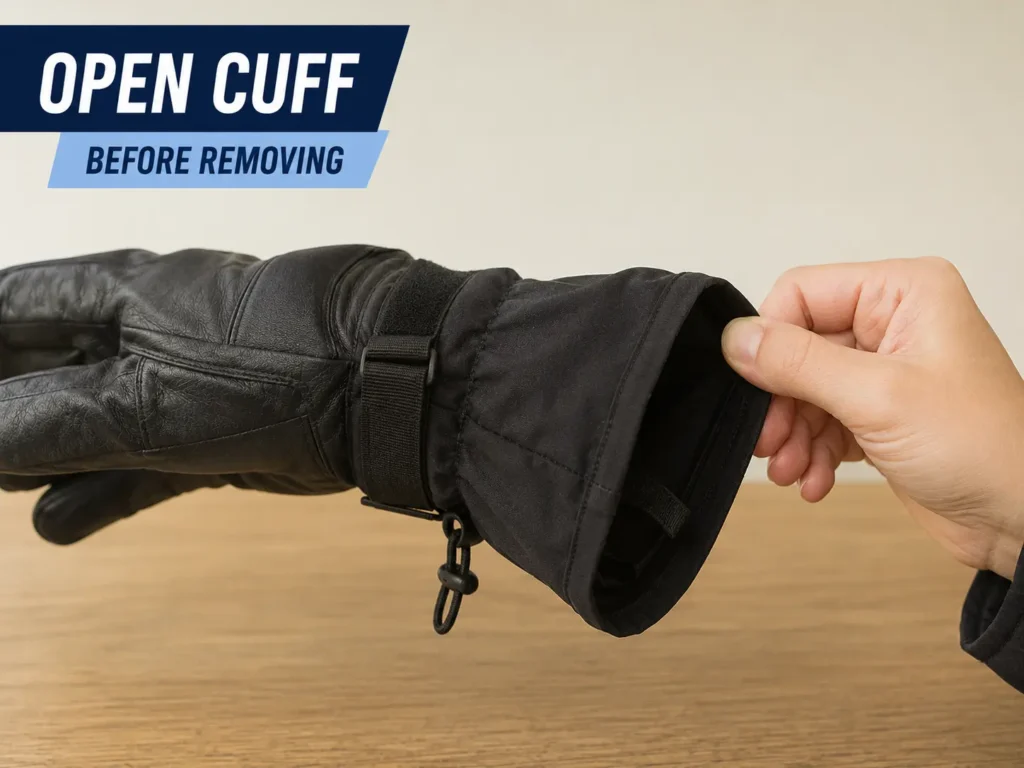 Removing a ski glove from the cuff correctly