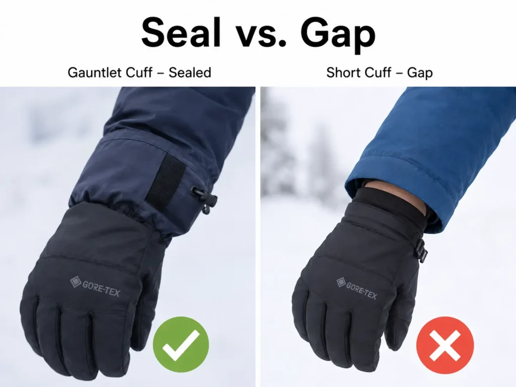Gauntlet vs short cuff ski gloves compared, showing sealed versus open wrist gap