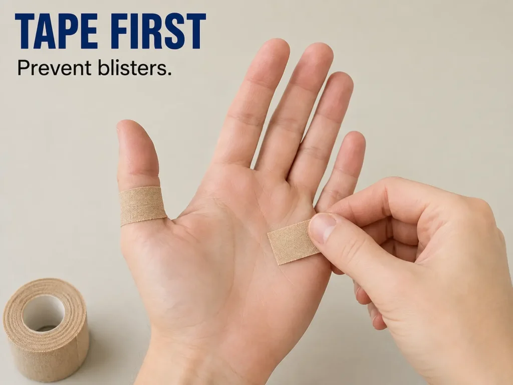 Preventing blisters from ski gloves by taping a pressure point before skiing
