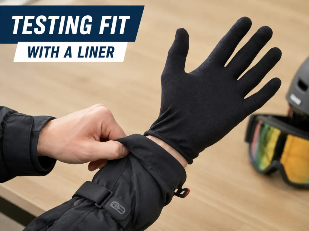 Testing ski glove fit with a liner underneath