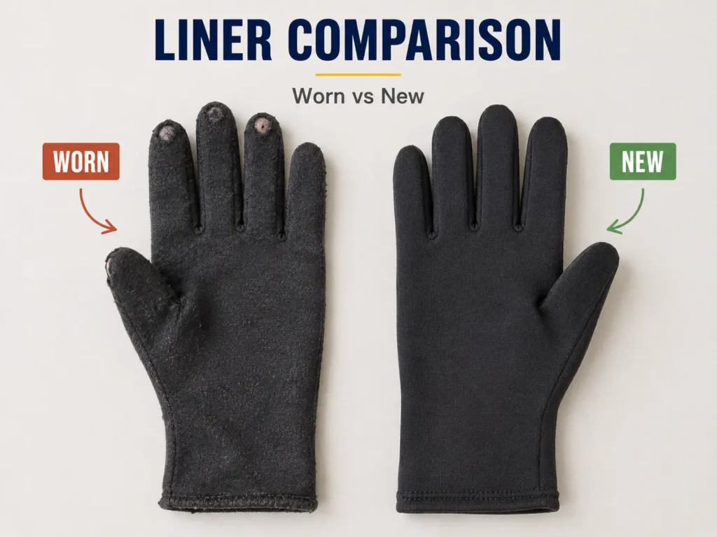 Comparing a worn glove liner to a new one to decide on replacement
