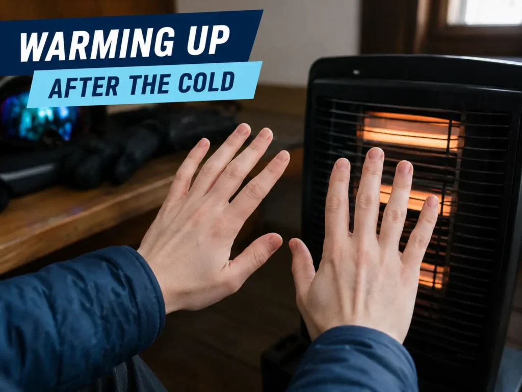 Warming hands after cold wind exposure skiing