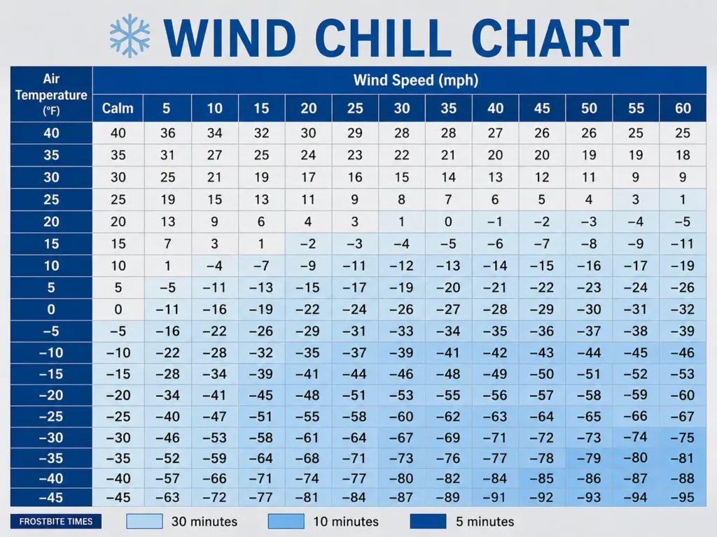 Wind chill formula chart for skiing conditions