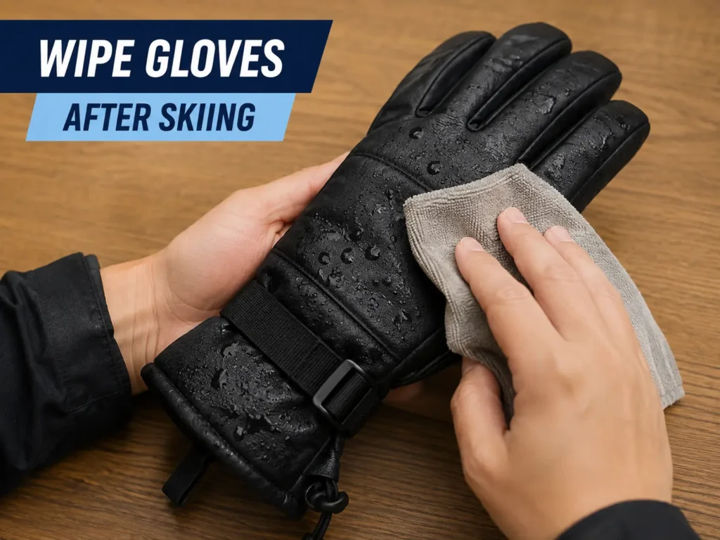 Wiping a ski glove shell clean after skiing