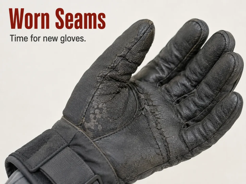 Cracked palm material on a ski glove nearing the end of its lifespan