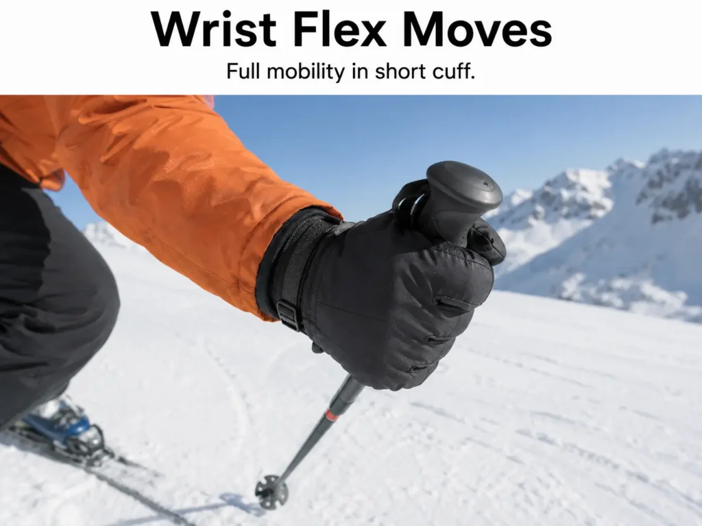 Full wrist mobility in a short cuff ski glove during a pole plant