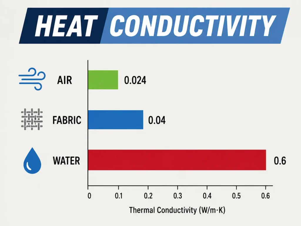 bar chart comparing heat conductivity of air, fabric, and water